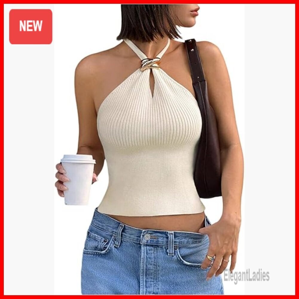 Ribbed Halter Crop Top Sleeveless Racer Back Date Night Going Out
